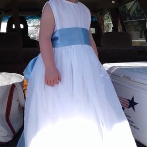 Strasburg flower girl dress with blue satin ribbon (not red)